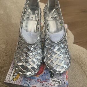 Jeffrey Campbell Silver Heeled Shoes with Intricate Weave